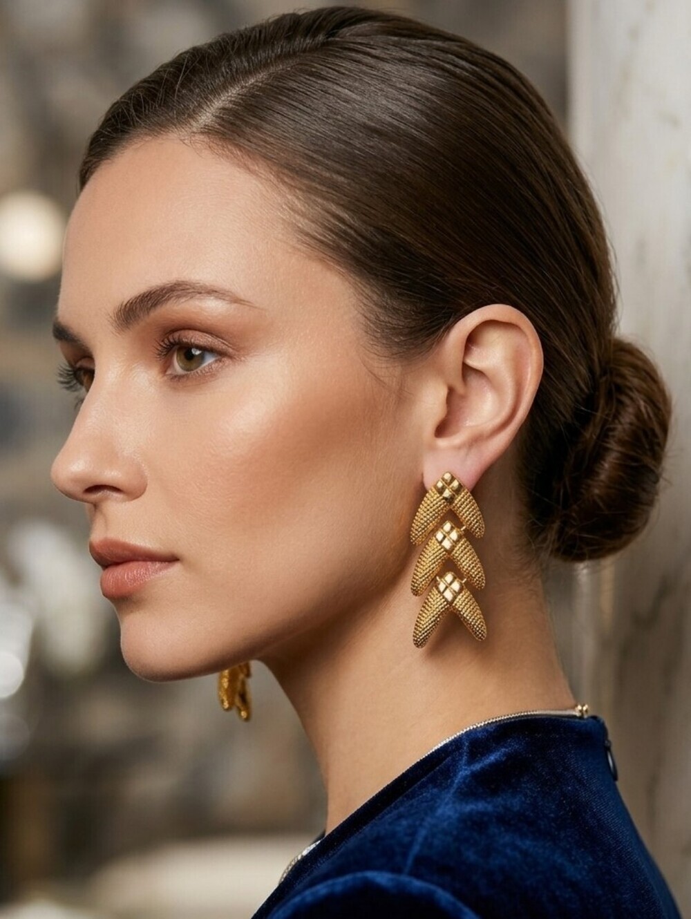 Vintage Gold Tone Textured Chevron Drop Earrings